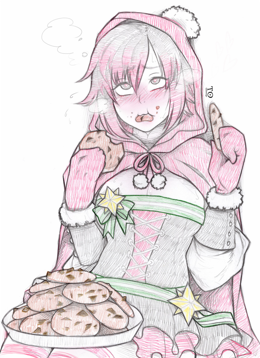 1girl ? blush christmas cloak commentary cookie eating english_commentary eyebrows_visible_through_hair food grey_eyes heart heart-shaped_pupils highres holding holding_cookie holding_food hood hood_up looking_at_viewer mittens rolling_eyes ruby_rose rwby short_hair simple_background sketch solo symbol-shaped_pupils tabletorgy white_background