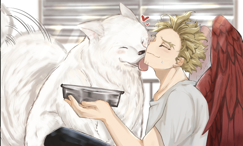 barururunru blonde_hair boku_no_hero_academia bowl closed_eyes dog feathered_wings hawks_(boku_no_hero_academia) heart highres licking licking_another's_face light_blush love messy_hair pet_bowl raised_chin red_wings shirt smile t-shirt tail tail_wagging white_shirt window_shade wings