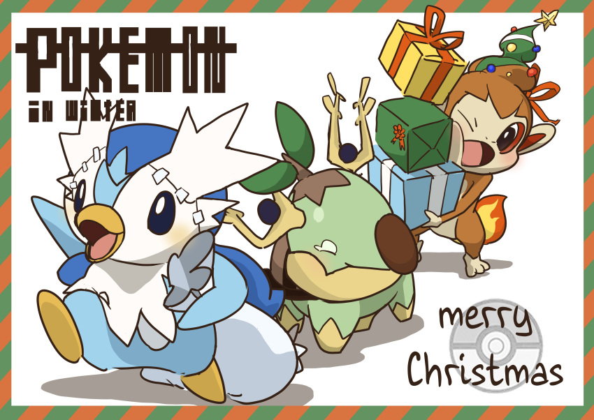 absurdres black_eyes blush box chimchar christmas commentary_request copyright_name cosplay delibird delibird_(cosplay) fire flame gift gift_box highres holding holding_gift merry_christmas nikkado no_humans open_mouth piplup poke_ball_symbol pokemon pokemon_(creature) ribbon standing stantler stantler_(cosplay) starter_pokemon_trio tongue turtwig