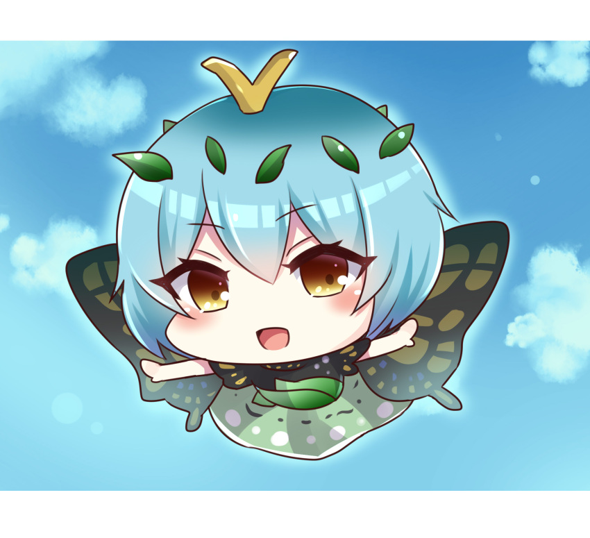 1girl antennae aqua_hair blush butterfly_wings chibi dress eternity_larva eyebrows_visible_through_hair fairy green_dress hair_between_eyes highres leaf leaf_on_head multicolored_clothes multicolored_dress open_mouth outstretched_arms short_hair short_sleeves single_strap smile solo spread_arms subaru_(subachoco) touhou wings yellow_eyes