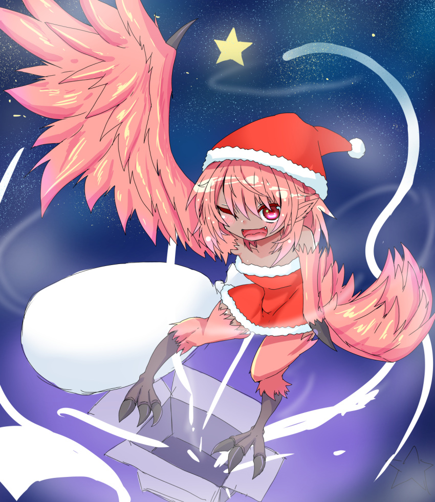 1girl ;d animal_ears bangs bare_shoulders bird_ears blush box christmas commentary_request copyright_request dark-skinned_female dark_skin destinyblade fang full_body harpy hat highres long_hair looking_at_viewer monster_girl one_eye_closed open_box partial_commentary pink_eyes pink_feathers pink_hair pointy_ears santa_hat sky smile solo star_(sky) starry_sky talons winged_arms wings