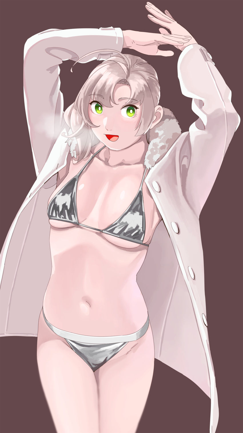 1girl absurdres ahoge arms_up bikini breasts coat collarbone commentary_request cowboy_shot green_eyes highres jacket kantai_collection kinugasa_(kancolle) long_sleeves looking_at_viewer navel ojipon open_clothes open_mouth silver_bikini silver_hair simple_background smile solo string_bikini swimsuit swimsuit_under_clothes