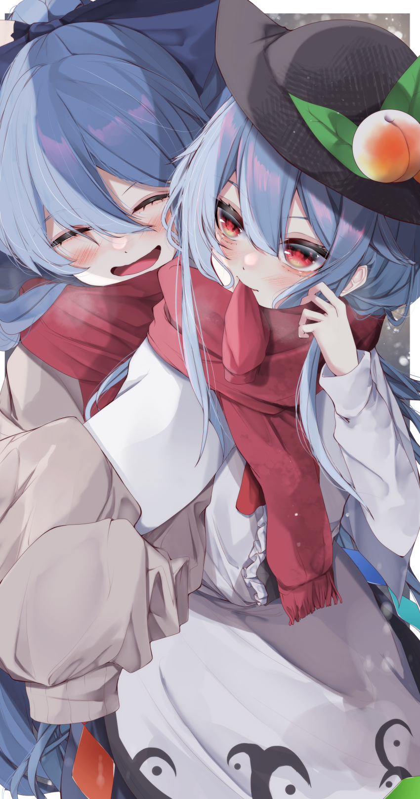 ^_^ absurdres black_headwear blue_hair blush closed_eyes food fruit hair_between_eyes hat highres hinanawi_tenshi long_hair mouth_hold open_mouth peach red_eyes red_scarf scarf sleeves_past_fingers sleeves_past_wrists smile touhou tsune_(tune) yorigami_shion