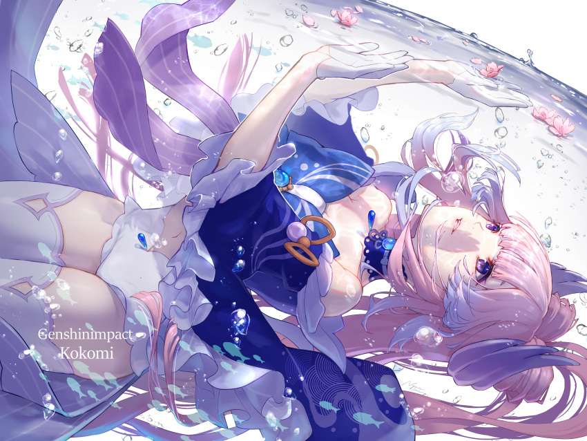 1girl absurdres arm_ribbon blue_collar blue_dress bow bubble collar commentary_request detached_sleeves dress fish frilled_collar frilled_sleeves frills gem genshin_impact hair_bow highres jewelry long_hair multicolored_hair navel nyansan_oekaki open_mouth petals pink_hair ribbon sangonomiya_kokomi shadow sideways simple_background solo streaked_hair teeth thigh-highs thighs touching underwater violet_eyes water white_background