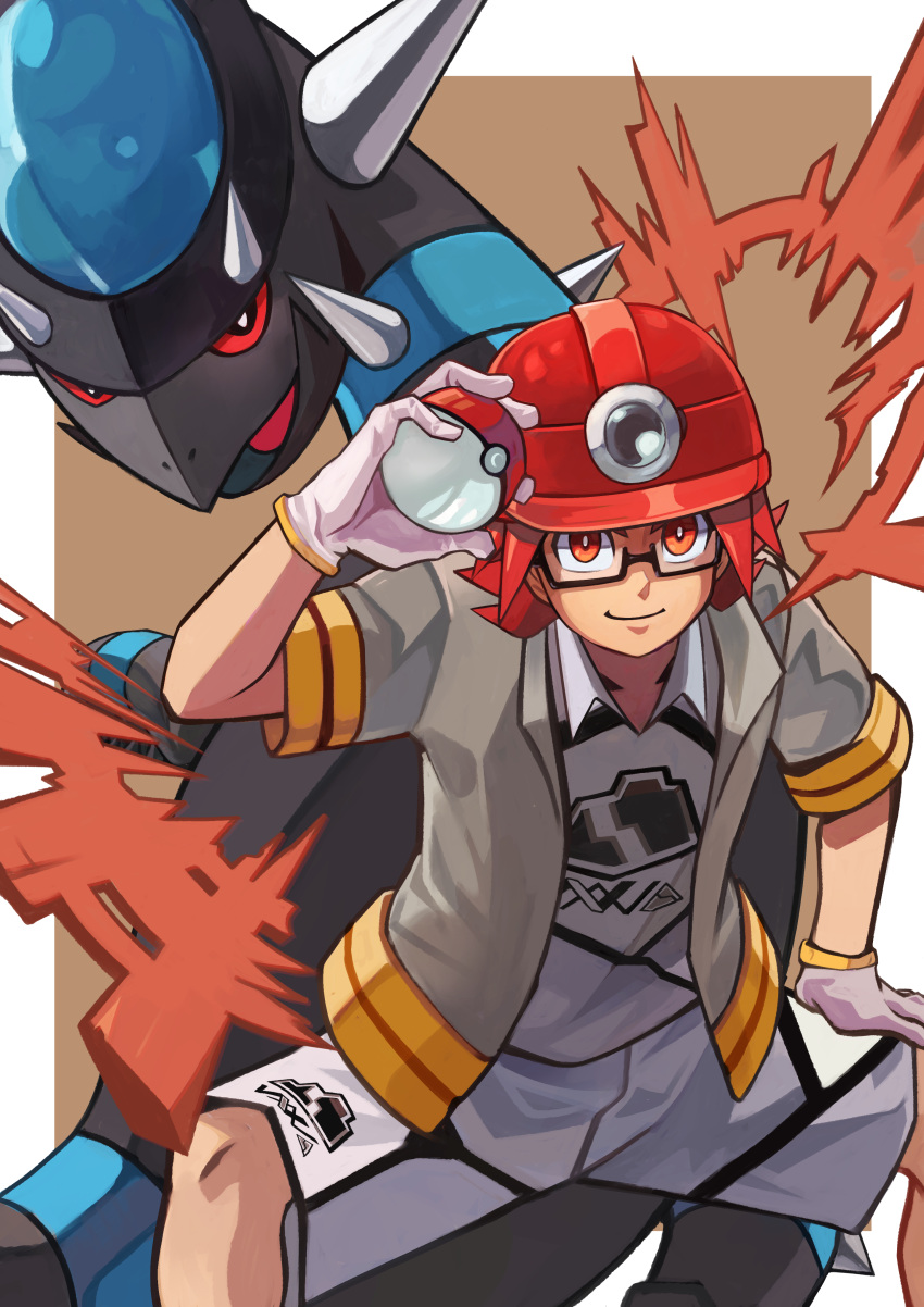 1boy absurdres black-framed_eyewear bright_pupils closed_mouth collared_shirt commentary_request glasses gloves grey_jacket grey_shirt grey_shorts hand_up helmet highres holding holding_poke_ball jacket legs_apart male_focus open_clothes open_jacket orange_eyes poke_ball poke_ball_(basic) pokemon pokemon_(creature) pokemon_(game) pokemon_dppt pokemon_swsh rampardos red_headwear roark_(pokemon) seyori_(rosenusu999) shirt short_sleeves shorts smile squatting white_pupils