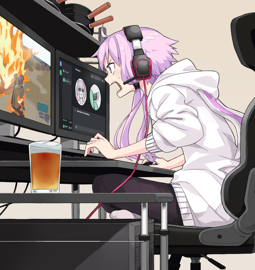 1girl ahoge animal_ears animal_hood black_legwear bunny_hood cable chair computer computer_tower discord explosion from_side gaming_chair glass hair_tie headgear headphones highres hood hoodie indian_style indoors keyboard_(computer) monitor mouse_(computer) nandemo_iu_koto_wo_kiite_kureru_akane-chan_(voiceroid) open_mouth playing_games purple_hair rabbit_ears short_hair_with_long_locks sidelocks sitting smile socks solo sunglasses sweat toromera touhoku_kiritan v-shaped_eyebrows violet_eyes vocaloid voiceroid white_hoodie yuzuki_yukari