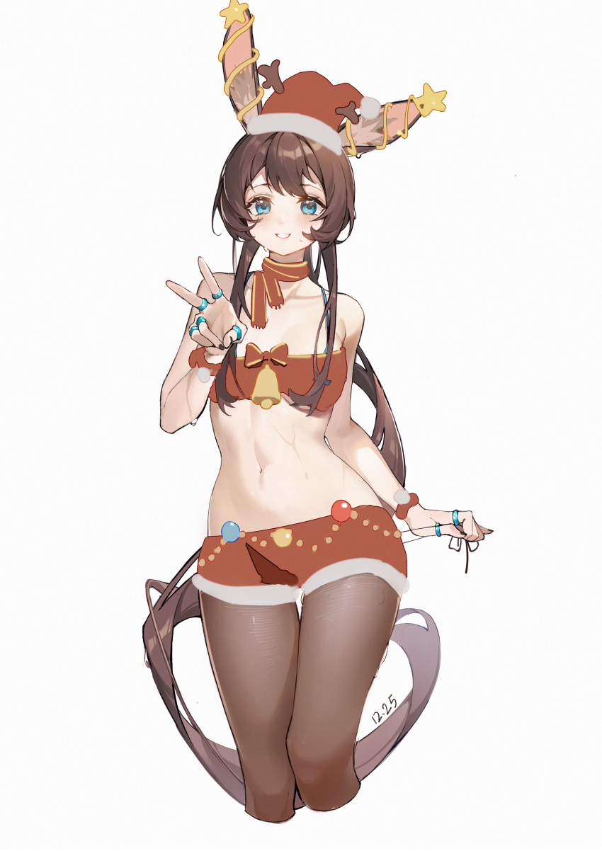 1girl :d absurdres amiya_(arknights) animal_ear_fluff animal_ears arknights ass_visible_through_thighs bangs bare_shoulders bell black_nails blue_eyes blush breasts brown_legwear collarbone cropped_legs dated ear_ornament grin hat highres jewelry long_hair looking_at_viewer low_ponytail lushi_jin_up medium_breasts miniskirt multiple_rings nail_polish navel pantyhose parted_lips rabbit_ears red_headwear red_scarf red_skirt ring santa_hat scarf sidelocks skirt smile solo standing star_(symbol) stomach strapless sweat thigh_gap tube_top v very_long_hair wristband