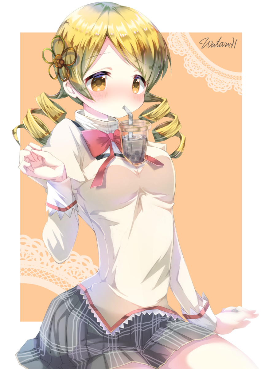 1girl artist_name bangs blonde_hair blouse blush bow bubble_tea_challenge closed_mouth commentary_request cup disposable_cup doily drill_hair drinking drinking_straw grey_sky hair_ornament highres hoshikage_wataru long_sleeves looking_at_viewer mahou_shoujo_madoka_magica medium_hair miniskirt mitakihara_school_uniform orange_background partial_commentary plaid plaid_skirt pleated_skirt red_bow school_uniform signature skirt solo swept_bangs tomoe_mami twin_drills twintails white_blouse yellow_eyes