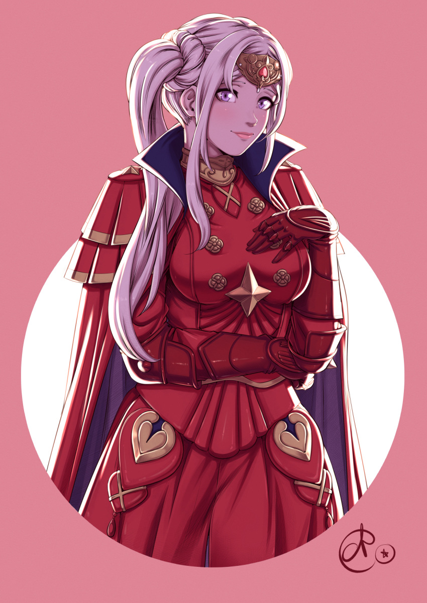 1girl benoit_picard breasts cape circlet cowboy_shot dress edelgard_von_hresvelg fire_emblem fire_emblem:_three_houses gloves hand_on_own_chest highres long_hair looking_at_viewer medium_breasts red_cape red_dress red_gloves side_ponytail smile solo violet_eyes white_hair