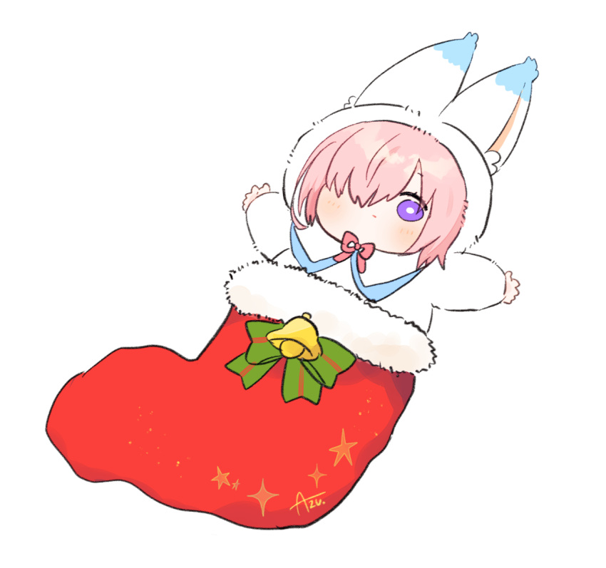 1girl alternate_costume animal_costume animal_ears azu_(kirara310) baggy_clothes baggy_pants blush_stickers chibi christmas_stocking closed_mouth commentary cosplay fake_animal_ears fake_tail fate/grand_order fate_(series) fou_(fate) fou_(fate)_(cosplay) hair_over_one_eye hands light_purple_hair looking_at_viewer lying mash_kyrielight on_back one_eye_covered open_hands pajamas pants short_hair signature simple_background tail violet_eyes white_background