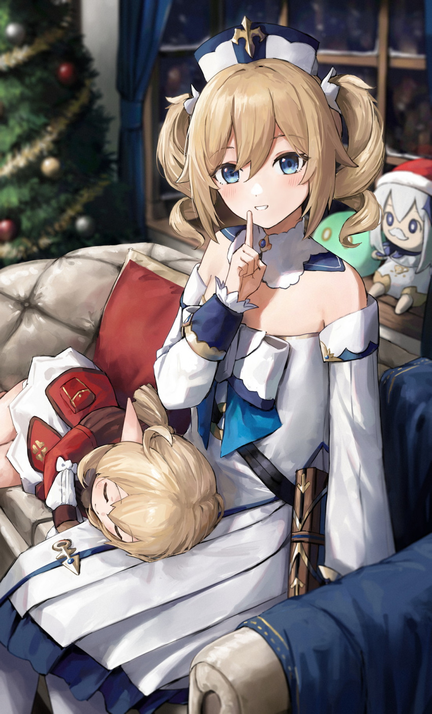 3girls ahoge barbara_(genshin_impact) bare_shoulders blonde_hair blush book bow bowtie child christmas christmas_tree closed_eyes couch detached_collar dress ebiri_fy elf genshin_impact hat highres indoors klee_(genshin_impact) lap_pillow looking_at_viewer multiple_girls on_couch paimon_(genshin_impact) pillow pointy_ears santa_hat sitting sleeping slime_(genshin_impact) smile twintails white_dress white_hair white_legwear window