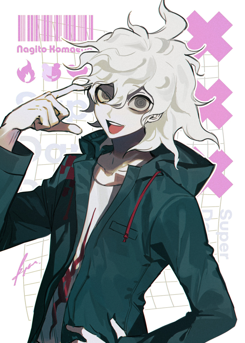 1boy @_@ absurdres bangs barcode blue_coat btmr_game character_name coat copyright_name danganronpa_(series) danganronpa_2:_goodbye_despair finger_to_head grey_eyes hand_on_hip heart highres hood hood_down hooded_coat komaeda_nagito long_sleeves looking_at_viewer male_focus messy_hair open_mouth pale_skin shirt signature simple_background solo symbol-only_commentary upper_body white_hair