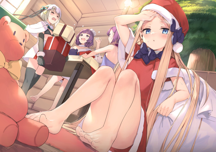 &gt;_&lt; 4girls abigail_williams_(fate) absurdres bare_legs barefoot black_bra black_gloves blonde_hair blush bra cabin capelet christmas_tree commentary_request convenient_leg dress elbow_gloves fate/grand_order fate_(series) flying_sweatdrops forehead fur-trimmed_capelet fur-trimmed_dress fur-trimmed_gloves fur_trim gloves hat helena_blavatsky_(fate) highres indoors jeanne_d'arc_(fate) jeanne_d'arc_alter_santa_lily_(fate) katsushika_hokusai_(fate) looking_at_another looking_at_viewer multiple_girls purple_hair red_dress sack sakimiya_mafu santa_dress santa_hat silver_hair sitting standing stuffed_animal stuffed_toy sweatdrop teddy_bear toes underwear wiping_forehead wiping_sweat wooden_floor wooden_wall