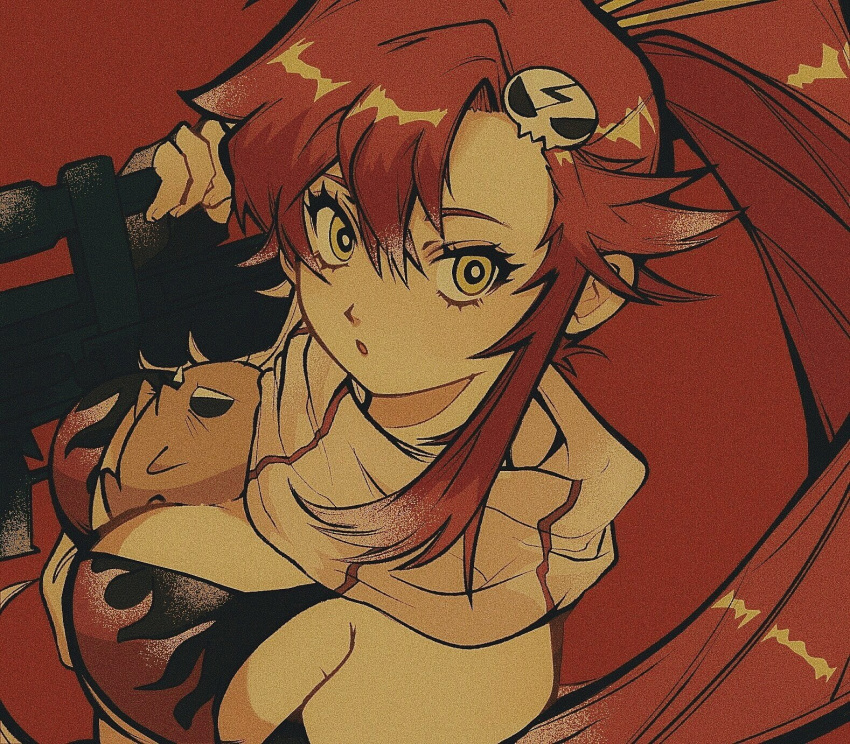 :o bangs between_breasts bikini bikini_top black_gloves boota_(ttgl) breasts bright_pupils commentary elbow_gloves fingerless_gloves flame_print gloves gun hair_between_eyes hair_ornament hair_stick highres holding holding_gun holding_weapon long_hair looking_at_viewer medium_breasts over_shoulder parted_bangs pikurusu ponytail red_background redhead scarf shiny shiny_hair sidelocks skull_hair_ornament solo solo_focus striped striped_scarf swimsuit symbol-only_commentary tengen_toppa_gurren_lagann upper_body weapon weapon_over_shoulder yellow_eyes yoko_littner