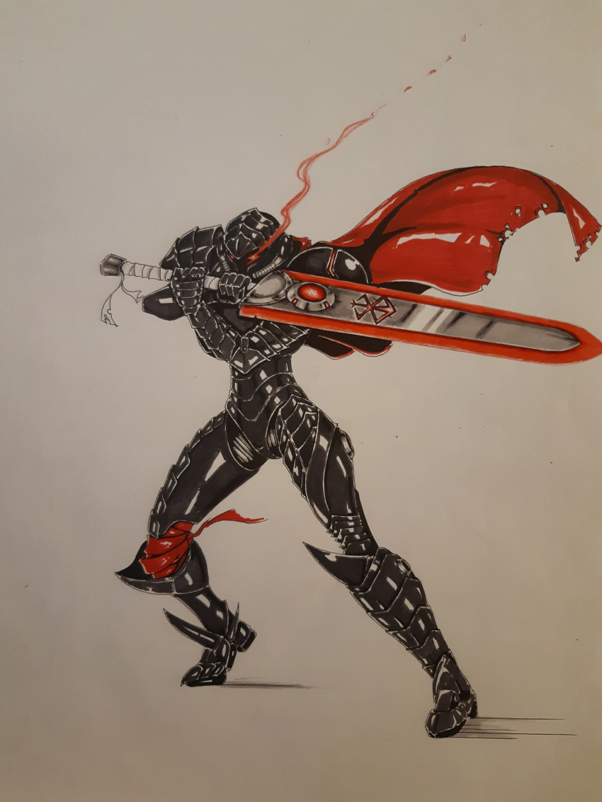 1girl auri_(aurimas_jucy) glowing glowing_eye highres holding holding_sword holding_weapon ink_(medium) looking_ahead metroid power_armor red_eyes red_scarf samus_aran scarf shadow solo sword symbol-only_commentary traditional_media visor warhammer_40k weapon white_background