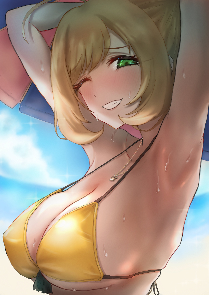 1girl absurdres ahoge armpits arms_behind_head bangs beach_umbrella bikini blonde_hair blush breasts covered_nipples day eyebrows_visible_through_hair front-tie_bikini front-tie_top green_eyes highres idolmaster idolmaster_cinderella_girls large_breasts looking_at_viewer nose_blush one_eye_closed parted_lips satou_shin shaddoll_fusion smile solo sweat swept_bangs swimsuit umbrella upper_body yellow_bikini