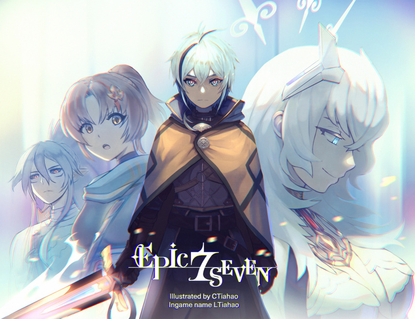 2boys 2girls adin_(epic_seven) adventurer_ras bandaged_neck bandages belian_(epic_seven) belt belt_buckle black_sclera blue_eyes blue_hair brown_hair buckle capelet closed_mouth colored_sclera copyright_name ctiahao epic_seven facial_mark hair_ornament highres holding holding_sword holding_weapon multicolored_hair multiple_boys multiple_girls open_mouth orange_eyes ponytail ran_(epic_seven) rass_elclare red_eyes scar scar_on_chest silver_hair smile sword weapon white_hair