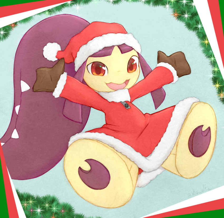 :d brown_eyes brown_gloves buttons commentary full_body gloves hat hatted_pokemon highres mawaifu mawile no_humans open_mouth outstretched_arms pokemon pokemon_(creature) red_headwear santa_hat smile solo tongue