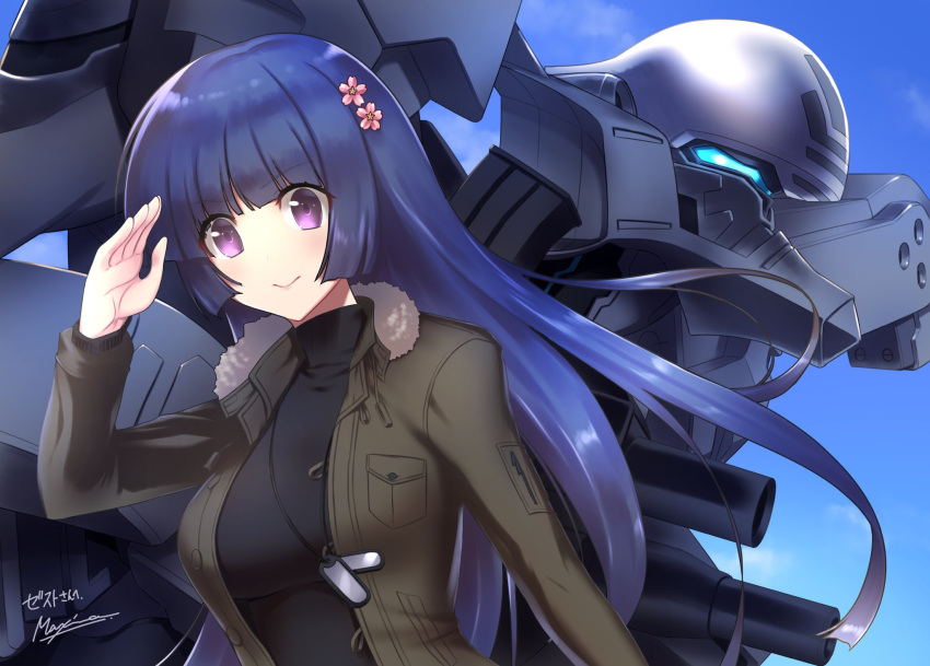 bangs black_hair breasts commission dog_tags flower gun hair_flower hair_ornament highres holding holding_gun holding_weapon long_hair makishima_azusa mecha medium_breasts muvluv muvluv_alternative muvluv_unlimited:_the_day_after salute science_fiction second-party_source sendou_yuzuka signature skeb_commission sky tactical_surface_fighter type_94_shiranui v-shaped_eyebrows violet_eyes visor weapon