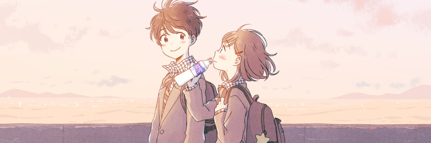 1boy 1girl :&gt; ad arm_at_side arm_up asahi_breweries backlighting backpack bag bag_charm bangs black_bag black_eyes black_hair black_jacket blazer blush blush_stickers bob_cut bottle bow bowtie calpis charm_(object) closed_mouth clouds cloudy_sky diagonal-striped_bow diagonal_stripes dot_nose drink drinking evening eye_contact eyebrows_visible_through_hair floating_hair from_side grey_eyes hair_behind_ear hair_ornament hairclip hand_up hatching_(texture) height_difference highres holding holding_bottle holding_drink holding_strap horizon itunohika jacket light_purple_eyes linear_hatching long_sleeves looking_at_another looking_to_the_side looking_up mountainous_horizon muted_color necktie nose_blush ocean official_art original outdoors pale_color plaid plaid_shirt product_placement profile purple_sky red_bow red_bowtie red_necktie school_uniform shirt short_hair shy sky smile soda_bottle sparkle star_(symbol) striped striped_bow striped_bowtie striped_necktie sunlight swept_bangs tareme twilight upper_body water wavy_mouth wind wing_collar