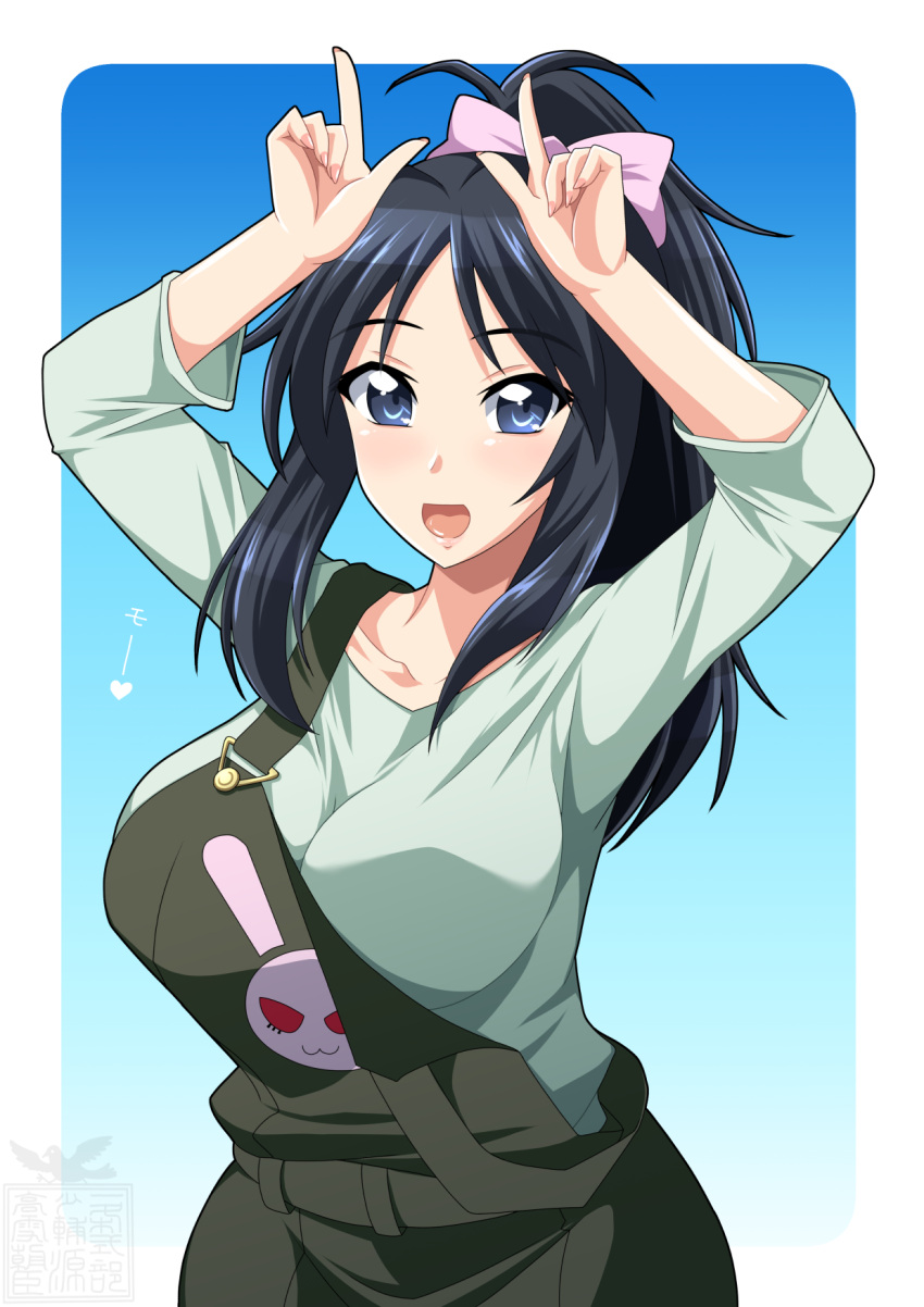 1girl :d alternate_hairstyle arms_up artist_logo bangs black_eyes black_hair black_overalls blue_eyes bow casual commentary emblem eyebrows_visible_through_hair freckles girls_und_panzer green_shirt hair_bow hair_up highres horns_pose ichijou_takakiyo long_hair long_sleeves looking_at_viewer official_alternate_costume open_mouth overalls ponytail purple_bow rabbit shirt smile solo strap_pull translated upper_body yamagou_ayumi