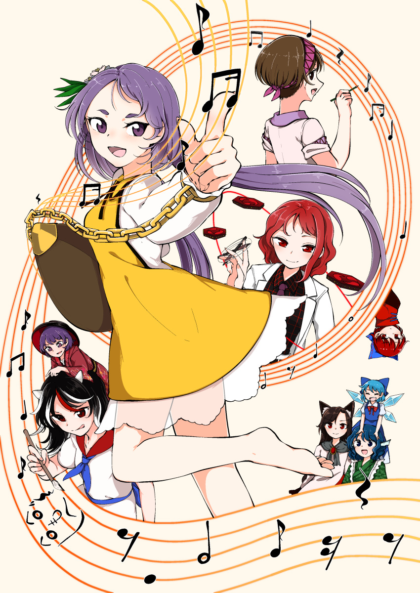 6+girls absurdres animal_ears barefoot biwa_lute black_hair blue_dress blue_eyes blue_hair bow bowl bowl_hat brooch brown_eyes brown_hair calligraphy_brush cirno double_dealing_character dress drum drumsticks green_kimono hair_bow hairband hat head_fins henohenomoheji highres horikawa_raiko horns ice ice_wings imaizumi_kagerou instrument japanese_clothes jewelry kaisenpurin kijin_seija kimono long_hair lute_(instrument) medium_hair mermaid minigirl mitsudomoe_(shape) monster_girl multicolored_hair multiple_girls music musical_note necktie open_mouth paintbrush plaid plaid_shirt purple_hair purple_necktie red_eyes red_kimono redhead sekibanki shirt short_hair smile spinning streaked_hair suit_jacket sukuna_shinmyoumaru tomoe_(symbol) touhou tsukumo_benben tsukumo_yatsuhashi upside-down violet_eyes wakasagihime wavy_hair white_dress white_hair wings wolf_ears wolf_girl