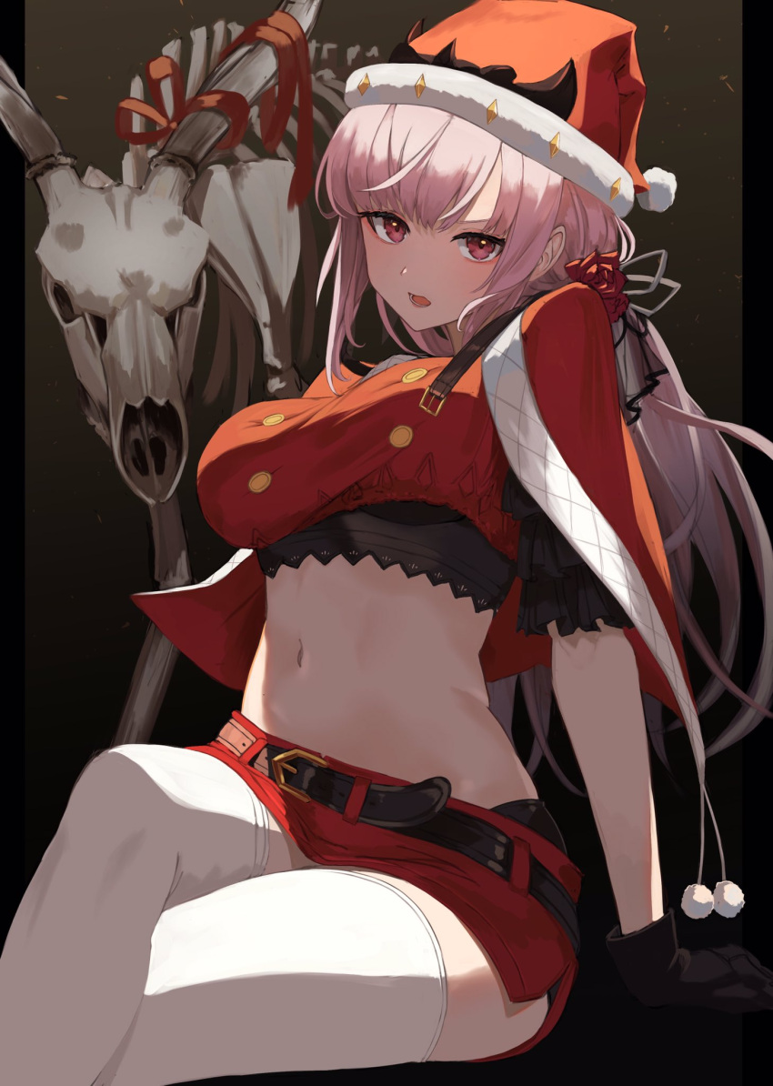1girl animal_skull arm_support belt black_gloves breasts capelet crop_top crossed_legs flower fur_trim gloves hair_flower hair_ornament hat highres hololive hololive_english large_breasts long_hair looking_at_viewer microskirt midriff miniskirt mori_calliope navel open_mouth pink_hair red_eyes red_headwear red_shirt red_skirt revealing_clothes roco_(rocoroco1115) santa_costume santa_hat shirt sitting skirt solo stomach thigh-highs v-shaped_eyebrows virtual_youtuber white_legwear zettai_ryouiki