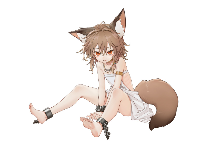 1girl animal_ears ankle_cuffs armlet barefoot between_legs brown_hair character_request commentary_request copyright_request dress eyebrows_visible_through_hair fang flat_chest fluffy full_body hair_between_eyes hair_ornament highres looking_at_viewer naughty_face open_mouth orange_eyes original short_hair simple_background sitting skinny solo tail white_background white_dress wuxian_liumangxing