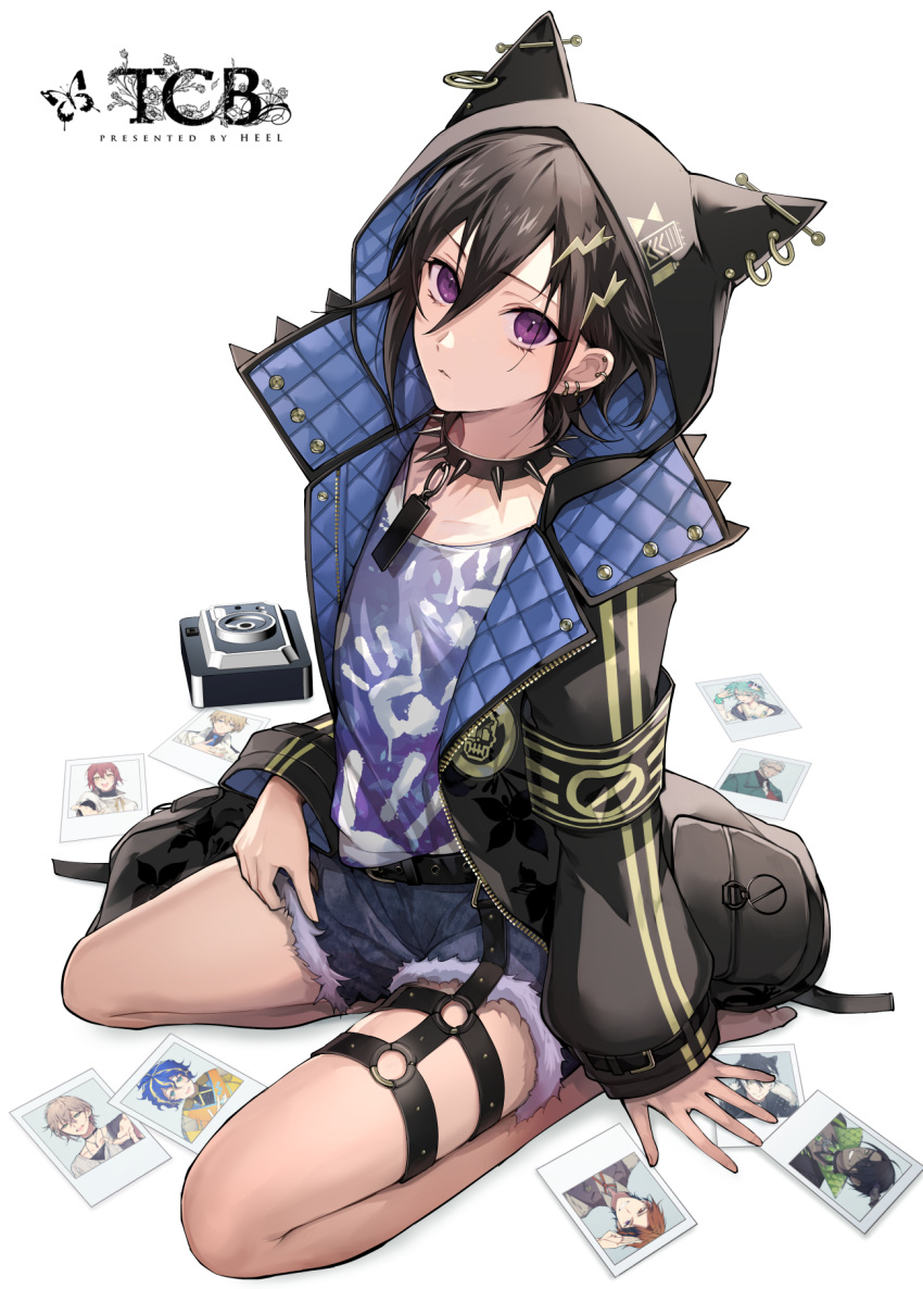 1boy animal_ears armband black_armband black_collar black_hair black_jacket camera cat_ears character_request collar collarbone denim denim_shorts ear_piercing earrings floral_print hair_between_eyes hair_ornament hand_print highres holostars hood hood_up jacket jewelry kanade_izuru lightning_bolt_hair_ornament lightning_bolt_symbol male_focus o-ring open_clothes open_jacket padded_jacket parted_lips photo_(object) piercing pouch shorts signature skindentation sleeves_past_wrists solo spiked_collar spikes tcb violet_eyes virtual_youtuber zipper