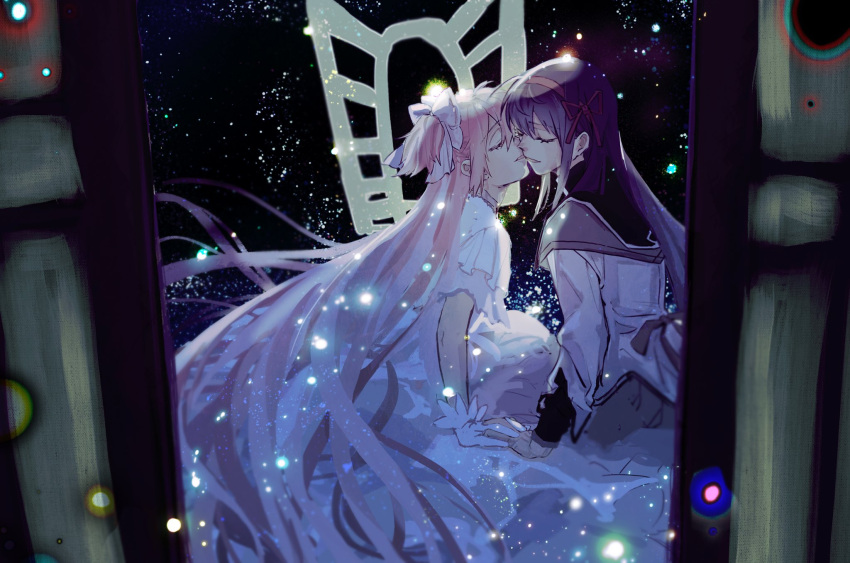 2girls akemi_homura black_hair closed_eyes dress goddess_madoka hair_ribbon highres imminent_kiss kaname_madoka karen_le_cao long_hair magia_record:_mahou_shoujo_madoka_magica_gaiden mahou_shoujo_madoka_magica multiple_girls night night_sky pink_hair ribbon sitting sky smile twintails white_dress window yuri