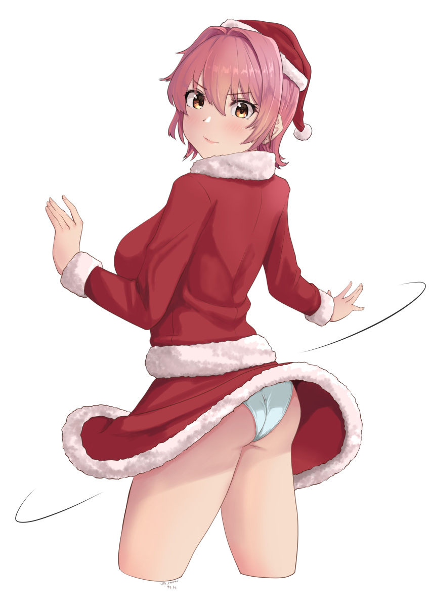 1girl absurdres alternate_costume ass blush breasts commentary_request cropped_legs eyebrows_visible_through_hair fur-trimmed_sleeves fur_trim hat highres jousanrou kantai_collection kinu_(kancolle) long_sleeves looking_at_viewer motion_lines panties pink_hair red_headwear santa_costume santa_hat short_hair simple_background skirt smile solo underwear white_background
