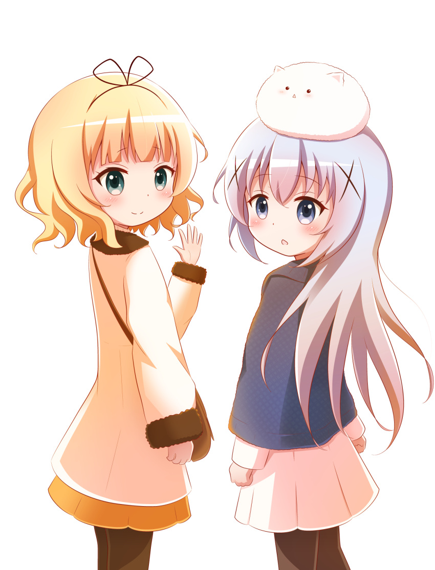 2girls :&lt; :o angora_rabbit animal animal_on_head backlighting bangs black_legwear black_ribbon blonde_hair blue_capelet blue_eyes blue_hair blush brown_skirt capelet closed_mouth eyebrows_visible_through_hair feet_out_of_frame from_behind fur-trimmed_jacket fur-trimmed_sleeves fur_trim gochuumon_wa_usagi_desu_ka? goth_risuto green_eyes hair_between_eyes hair_ornament hair_ribbon highres jacket kafuu_chino kirima_sharo looking_at_viewer looking_back multiple_girls on_head pantyhose parted_lips pleated_skirt rabbit ribbon simple_background skirt sleeves_past_wrists smile standing tippy_(gochiusa) triangle_mouth white_background white_jacket white_skirt x_hair_ornament