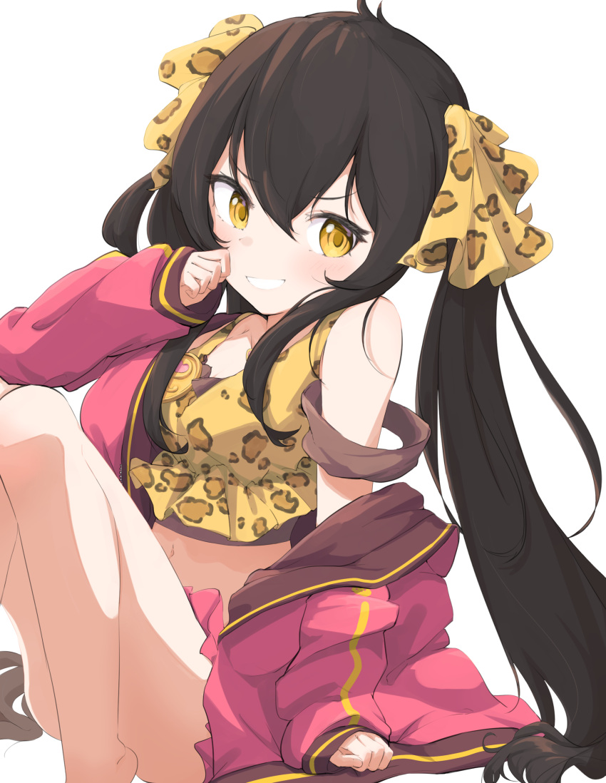 1girl absurdres animal_print black_hair blush camisole hair_ribbon highres idolmaster idolmaster_cinderella_girls jacket leopard_print long_hair looking_at_viewer matoba_risa navel nimomin off_shoulder open_clothes open_jacket pink_jacket print_camisole print_ribbon ribbon sitting skirt sleeves_past_wrists smile solo twintails very_long_hair white_background yellow_eyes