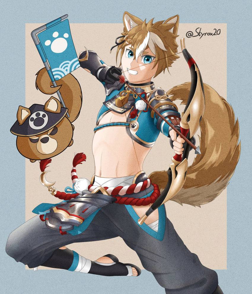 1boy absurdres animal_ears armor bandages bangs black_gloves blue_eyes brown_hair dog_boy dog_ears genshin_impact gloves gorou_(genshin_impact) highres japanese_clothes male_focus multicolored_hair navel self_upload styrox tail