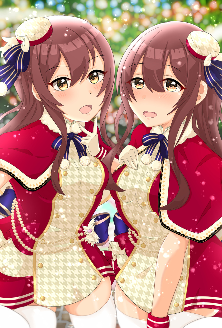 2girls bangs beret blush bow brown_eyes brown_hair capelet christmas closed_mouth commentary_request dress eyebrows_visible_through_hair gloves hair_between_eyes hat houndstooth idolmaster idolmaster_shiny_colors long_hair multiple_girls oosaki_amana oosaki_tenka open_mouth plaid plaid_bow print_headwear red_capelet red_dress siblings sisters sitting smile snowflakes souhaku thigh-highs tilted_headwear very_long_hair white_gloves white_legwear