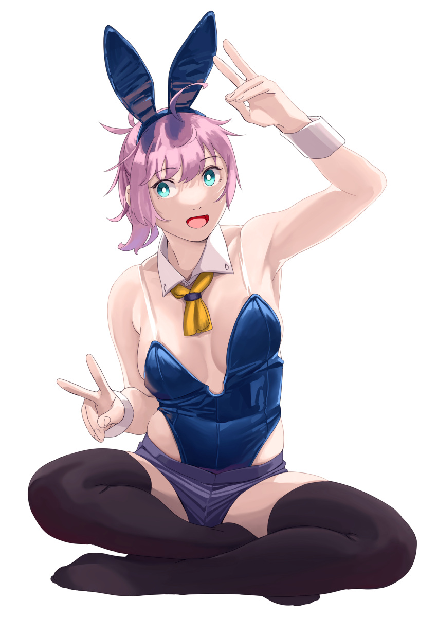 1girl absurdres alternate_costume animal_ears aoba_(kancolle) arm_up bangs bare_arms bare_shoulders black_legwear blue_eyes blue_leotard breasts crossed_legs detached_collar eyebrows_visible_through_hair fake_animal_ears highleg highleg_leotard highres kantai_collection leotard looking_at_viewer micro_shorts neckerchief ojipon open_mouth pink_hair playboy_bunny rabbit_ears shorts sitting smile solo thigh-highs wrist_cuffs yellow_neckerchief