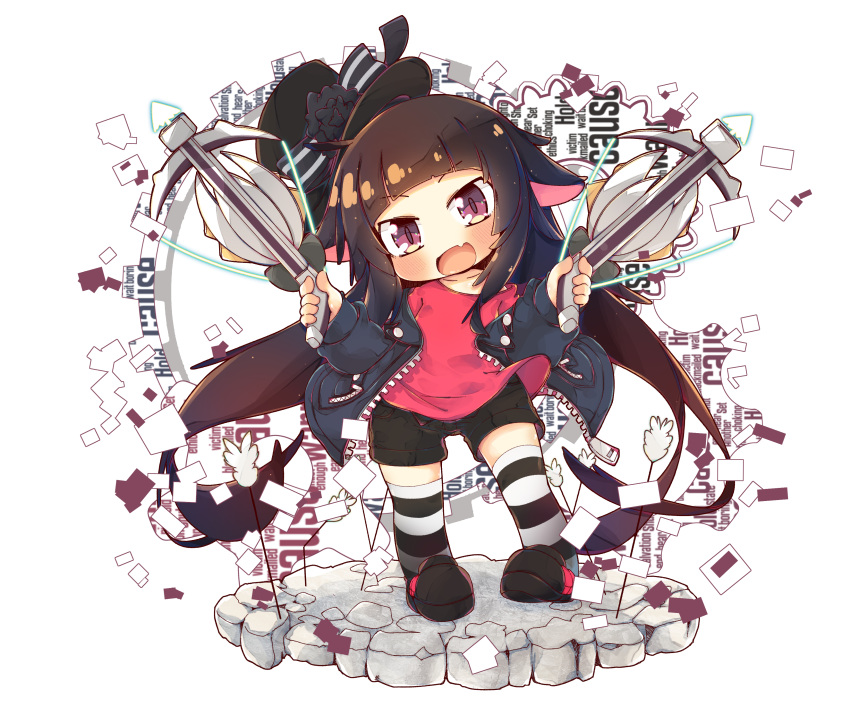 1girl :d absurdres black_coat black_flower black_footwear blush breasts brown_hair chibi coat commentary_request crossbow english_text eyebrows_visible_through_hair fang flower grey_background hat hat_flower hayanloli highres korean_commentary light_purple_eyes long_hair looking_at_viewer original paper red_shirt shirt short_shorts shorts skin_fang small_breasts smile solo striped striped_legwear