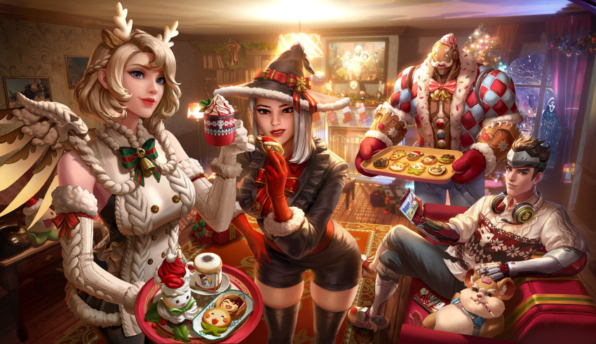 2girls absurdres alternate_hairstyle ashe_(overwatch) baking_sheet blonde_hair blue_eyes bob_(overwatch) book bookshelf brown_hair candy candy_cane christmas christmas_lights christmas_present christmas_stocking christmas_sweater christmas_tree coffee_mug cookie crossed_legs cup cyborg d.va_(overwatch) dospi english_commentary fireplace food food_in_mouth genji_(overwatch) gift hammond_(overwatch) hamster hat headphones headphones_around_neck highres indoors junkrat_(overwatch) lipstick makeup medium_hair mei_(overwatch) mercy_(overwatch) mittens mouth_hold mug multiple_boys multiple_girls omnic ornament overwatch pachimari reaper_(overwatch) red_eyes roadhog_(overwatch) rug santa_hat short_hair shorts sitting thigh-highs thighs tracer_(overwatch) white_hair window winter
