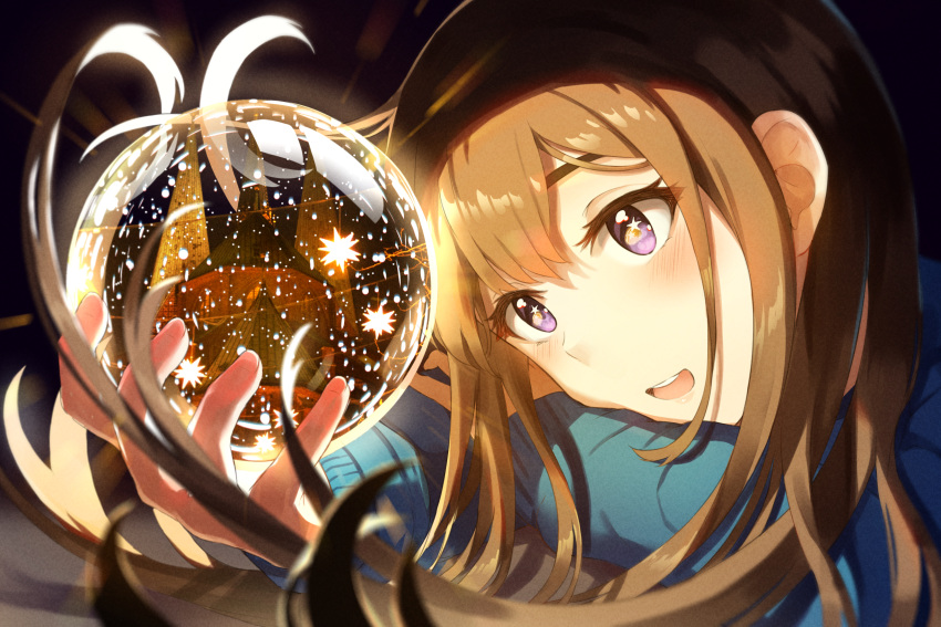 1girl bangs blush brown_hair christmas christmas_tree dark h-appa head_on_hand highres long_hair looking_at_object night open_mouth original pink_eyes shadow smile snow_globe solo sparkling_eyes star_(symbol)