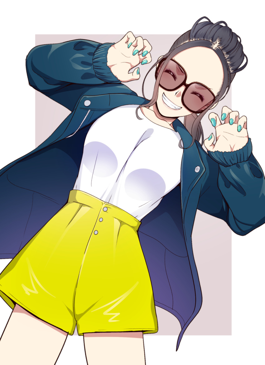 1girl black_hair blue_jacket closed_eyes commentary_request dekapoi glasses happy highres jacket long_hair looking_at_viewer mohawk nail_polish original ponytail shirt smile solo standing undercut white_shirt