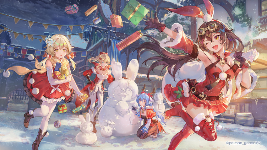 4girls :&amp;gt; amber_(genshin_impact) armpits baron_bunny_(genshin_impact) bell blonde_hair blue_hair boots brown_hair bucket bunny_ears christmas christmas_hat christmas_ornaments christmas_present flower ganyu_(genshin_impact) gate genshin_impact gloves goat_horns goggles goggles_on_head green_eyes hand_up high_heels highres house jean_(genshin_impact) looking_at_viewer lumine_(genshin_impact) moustache paimon_genshin7 ponytail present purple_eyes rabbit red_dress red_shirt reindeer_antlers ribbon running scenery short_hair signature sitting smile snow snowing snowman throwing tree twintails very_long_hair white_socks yellow_eyes