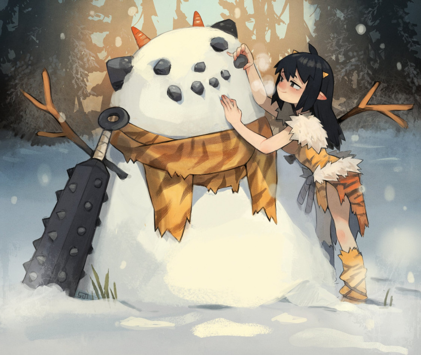1girl ahoge animal_print bandages black_eyes black_hair blush branch breath carrot christmas closed_mouth club_(weapon) fur_trim grass hair_between_eyes highres holding holding_rock horns oni oni-chan_(suizilla) oni_horns orange_scarf original outdoors pine_tree pointy_ears rock scarf signature silhouette smile snow snowing snowman solo spiked_club spikes sui_(suizilla) tiger_print tree weapon yellow_horns
