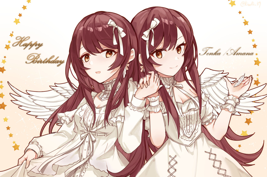 2girls angel_wings belt black_wings blouse blue_dress blurry_foreground brown_eyes brown_hair commentary_request dress feathers flower frilled_hairband frills hair_flower hair_ornament hair_ribbon hairband highres idolmaster idolmaster_shiny_colors kiouri long_hair long_sleeves looking_at_viewer multiple_girls neck_ribbon oosaki_amana oosaki_tenka pink_shorts ribbon sailor_collar shorts siblings twins white_blouse white_wings wings