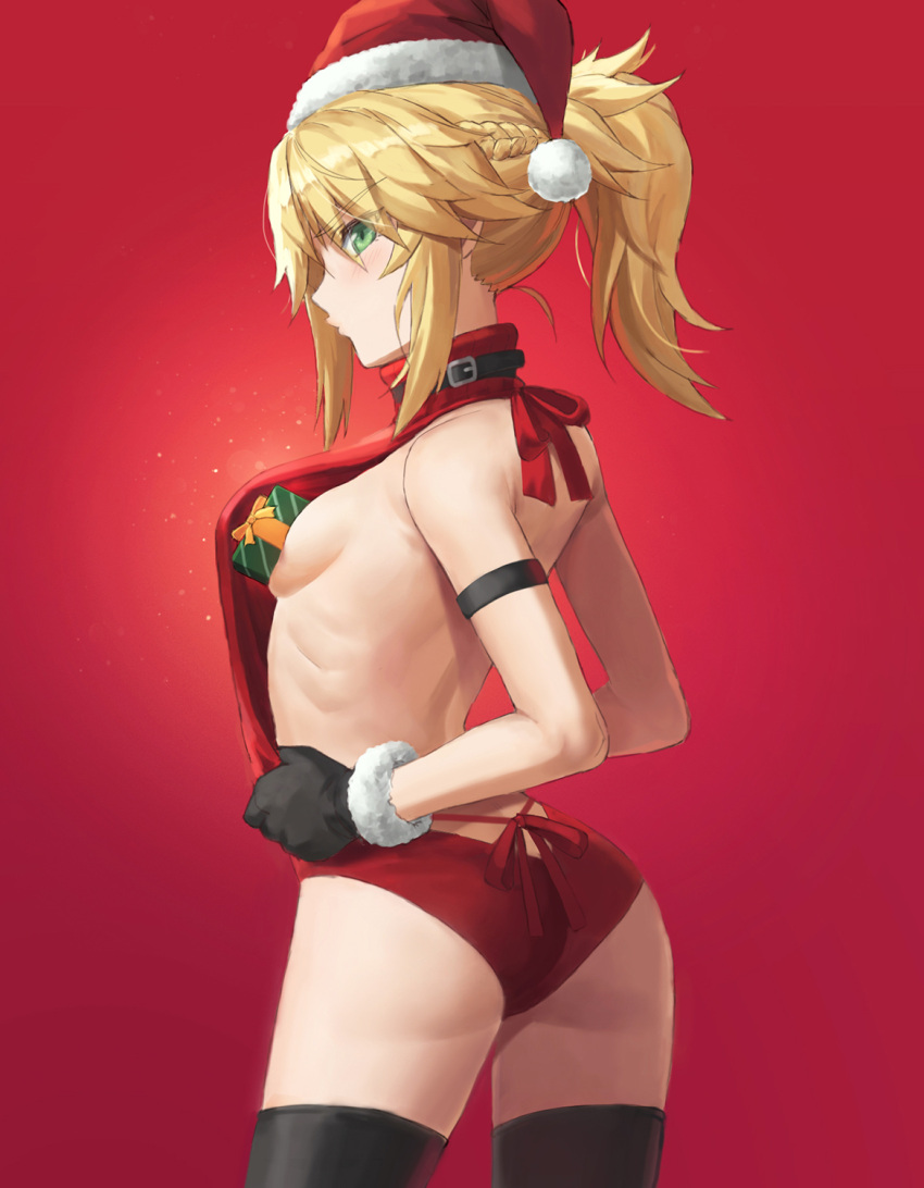 1girl arched_back ass back bangs bare_arms bare_shoulders belt blonde_hair box braid breasts commentary_request eyebrows_visible_through_hair fate/apocrypha fate_(series) from_side gift gift_box green_eyes hat highres long_hair looking_at_viewer looking_to_the_side meme_attire mordred_(fate) mordred_(fate/apocrypha) no_bra ponytail pout profile red_background red_sweater santa_hat sideboob simple_background small_breasts solo sweater teeth thighs tonee type-moon virgin_killer_sweater