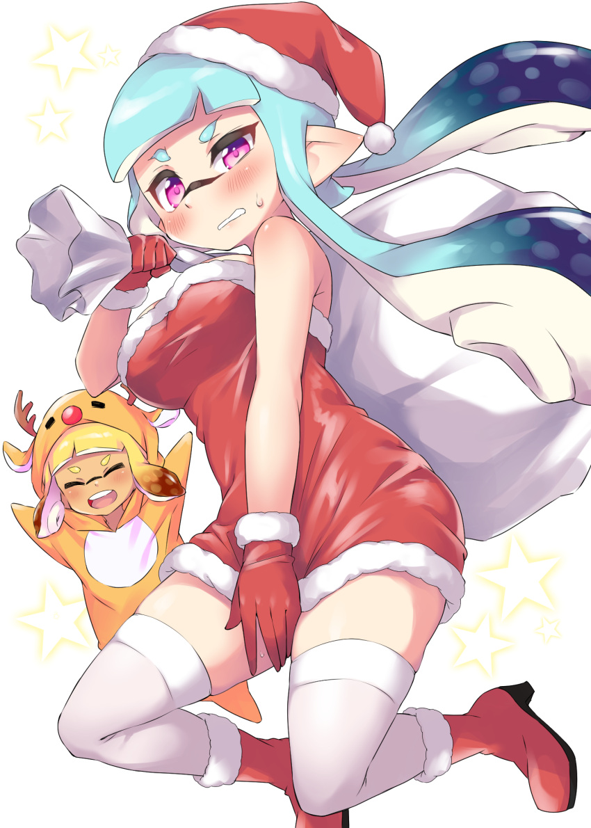 2girls animal_costume arms_up bangs blonde_hair blunt_bangs blush boots christmas closed_eyes commentary covering covering_crotch dark-skinned_female dark_skin dress floating frown gloves grimace half-closed_eye hat highres holding holding_sack inkling long_hair looking_at_viewer multiple_girls open_mouth over_shoulder penguin_maru_(penginmaru) pointy_ears red_dress red_footwear red_gloves red_headwear reindeer_costume sack santa_boots santa_dress santa_gloves santa_hat short_hair smile splatoon_(series) starry_background strapless strapless_dress sweatdrop tentacle_hair thigh-highs violet_eyes white_background white_legwear