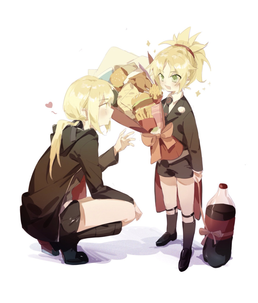 2girls artoria_pendragon_(fate) blonde_hair bottle bouquet burger coca-cola e_(h798602056) fate/apocrypha fate/grand_order fate/stay_night fate_(series) food formal fried_chicken green_eyes hairband highres holding holding_bouquet holding_food hood hooded_jacket hoodie jacket long_hair mordred_(fate) mordred_(fate/apocrypha) multiple_girls necktie ponytail saber_alter shorts simple_background squatting suit white_background yellow_eyes