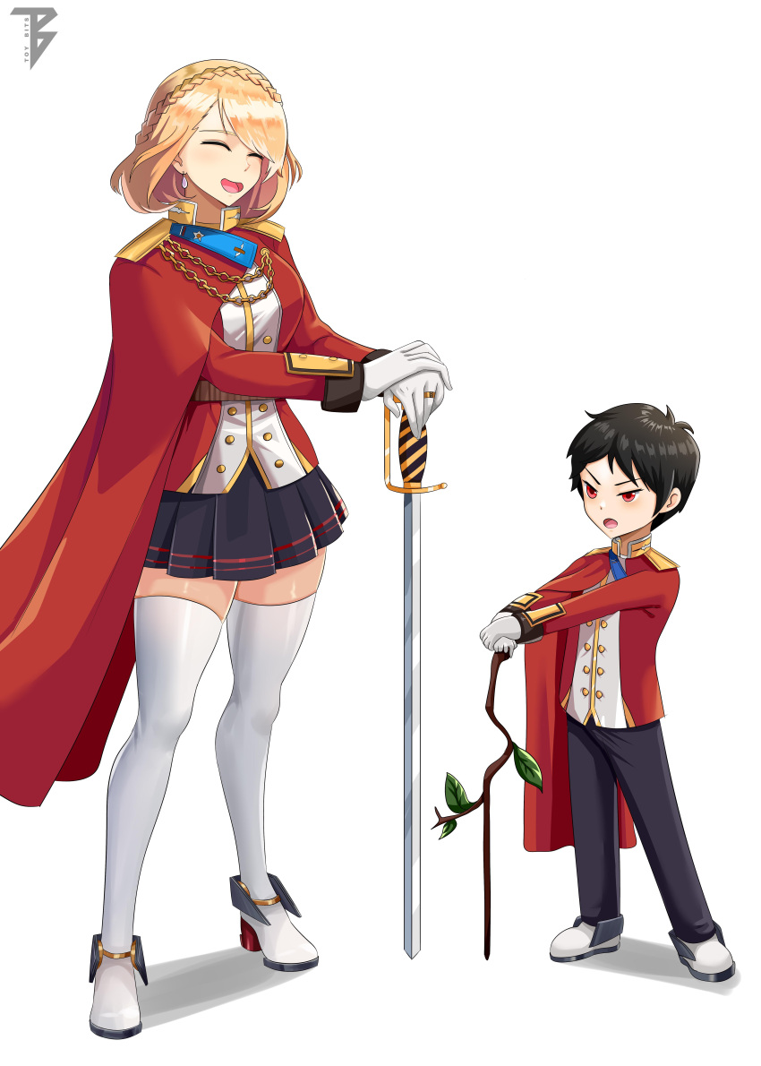 1boy 1girl absurdres azur_lane black_hair black_pants black_skirt blonde_hair braid cape closed_eyes commander_cool commission crown_braid earrings full_body highres jewelry mother_and_son open_mouth pants pleated_skirt pose prince_of_wales_(azur_lane) red_cape red_eyes red_shirt ring shirt simple_background skirt stick sword thigh-highs weapon wedding_band white_background white_footwear white_legwear