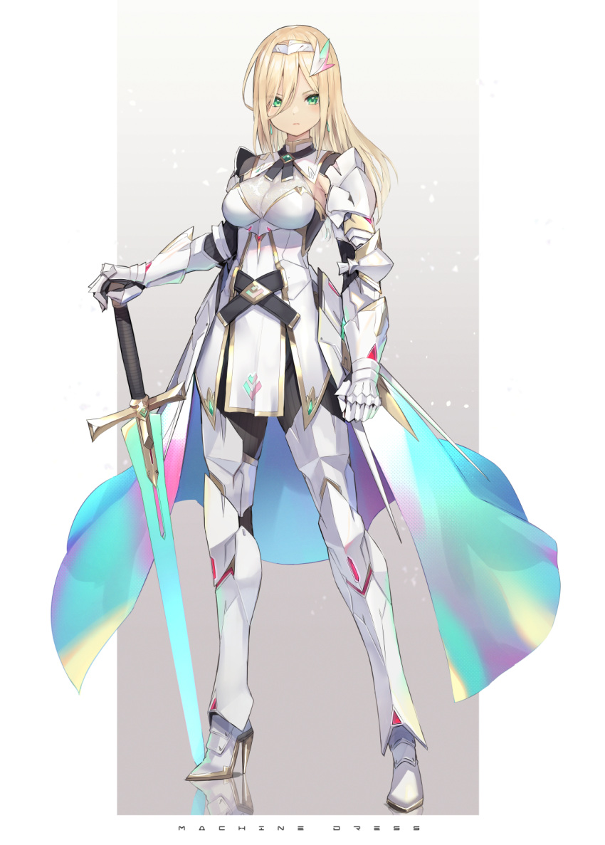 1girl armor armored_boots armored_dress belt blonde_hair boots breasts commentary_request earrings english_text gauntlets gradient gradient_background green_eyes grey_background hair_between_eyes high_heels highres isegawa_yasutaka jewelry kotona_matome long_hair looking_at_viewer medium_breasts original solo standing sword two-tone_background weapon white_background