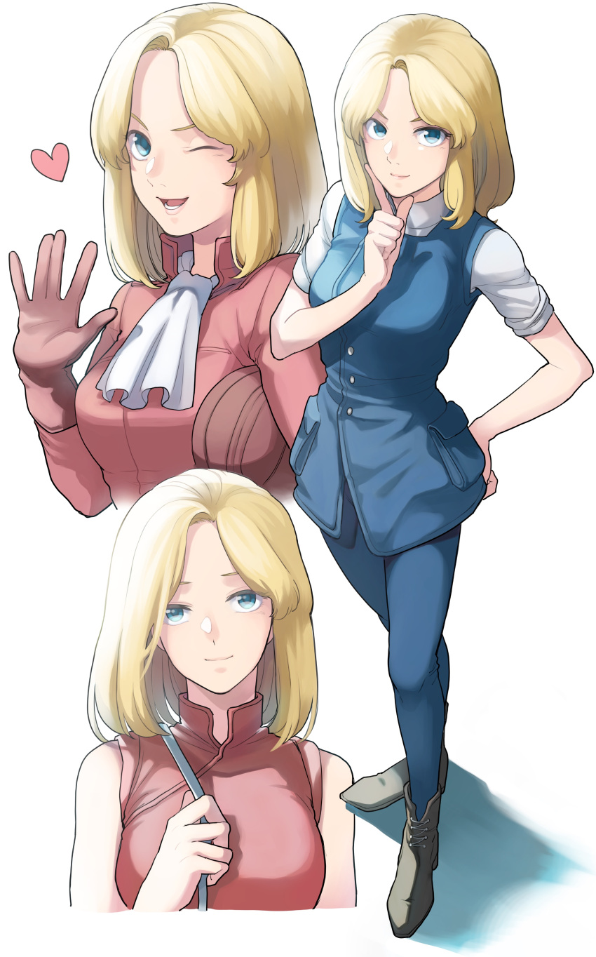 1girl ;d absurdres ascot blonde_hair blue_eyes blue_jacket blue_pants closed_mouth full_body gloves grey_footwear gundam hand_on_hip heart highres index_finger_raised jacket long_hair long_sleeves looking_at_viewer mobile_suit_gundam oh_syz one_eye_closed pants pink_gloves pink_jacket sayla_mass shiny shiny_hair shirt short_sleeves simple_background sleeveless sleeveless_jacket smile standing straight_hair waving white_ascot white_background white_shirt