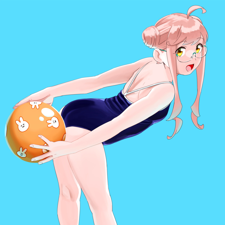 1girl ahoge alternate_costume ass ball bare_arms bare_legs bare_shoulders beachball bent_over blue_background blue_swimsuit commentary_request competition_school_swimsuit double_bun from_behind glasses highres holding holding_ball kantai_collection looking_at_viewer makigumo_(kancolle) ojipon one-piece_swimsuit open_mouth pink_hair short_hair_with_long_locks simple_background solo swimsuit twintails yellow_eyes